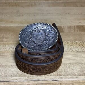 Justin Boots Tooled Leather Trophy Heart Belt Buckle 815BD Kids Size 20 Cowgirl